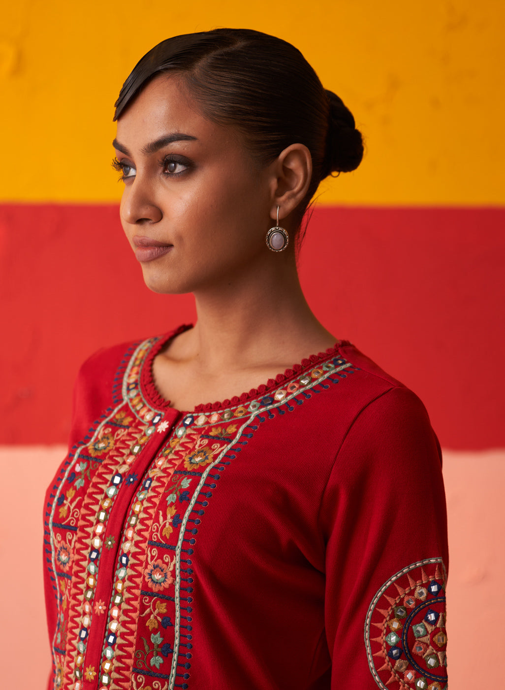 Red Embroidered Woollen Kurti For Women With Mirror Work