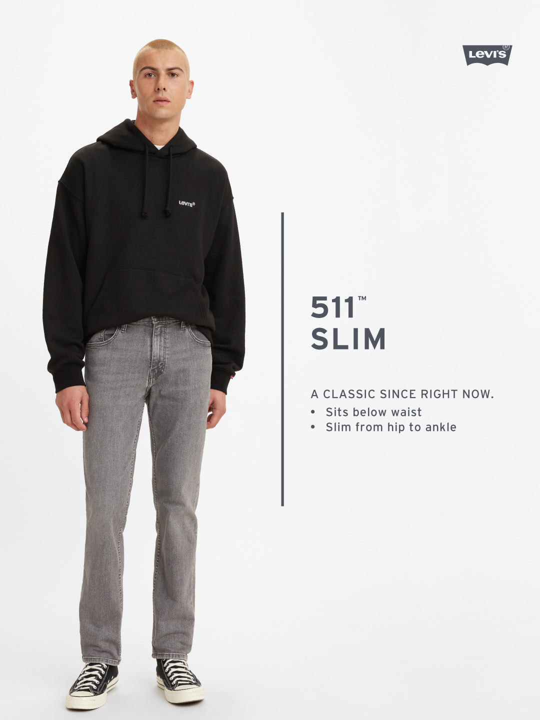 Levi's men's 511 black slim fit mid-rise jeans with classic five-pocket design and modern tapered silhouette.