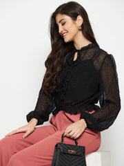 Madame Textured Swiss Dot Detail Black Peplum Top