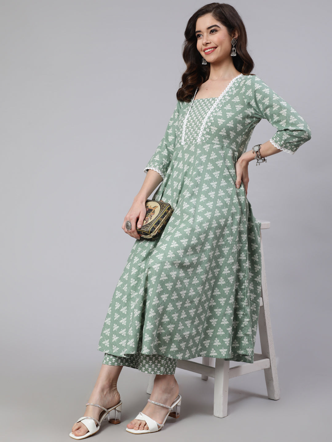 Green Woven Ethnic Print Embroidered Flared Laced Kurta With Printed Palazzo