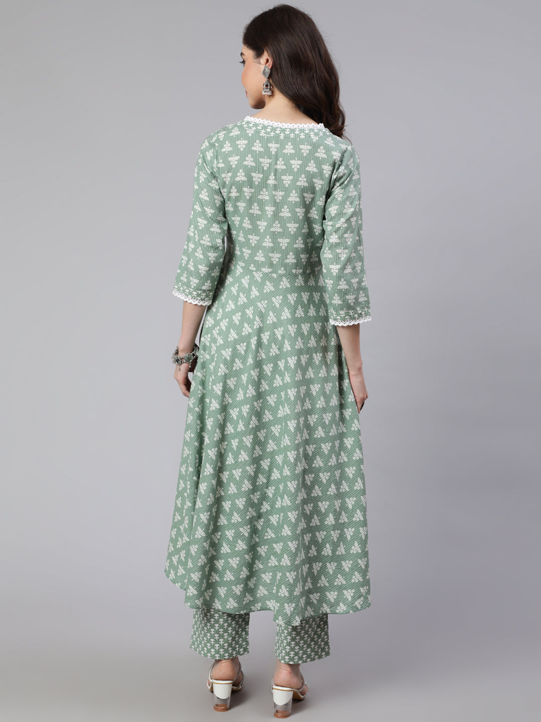 Green Woven Ethnic Print Embroidered Flared Laced Kurta With Printed Palazzo