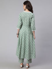 Green Woven Ethnic Print Embroidered Flared Laced Kurta With Printed Palazzo
