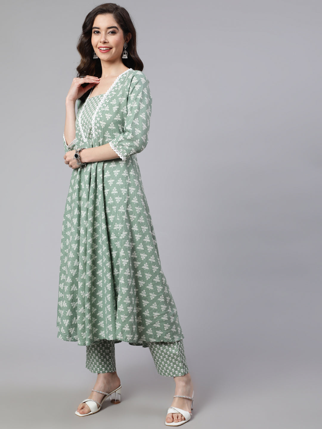 Green Woven Ethnic Print Embroidered Flared Laced Kurta With Printed Palazzo