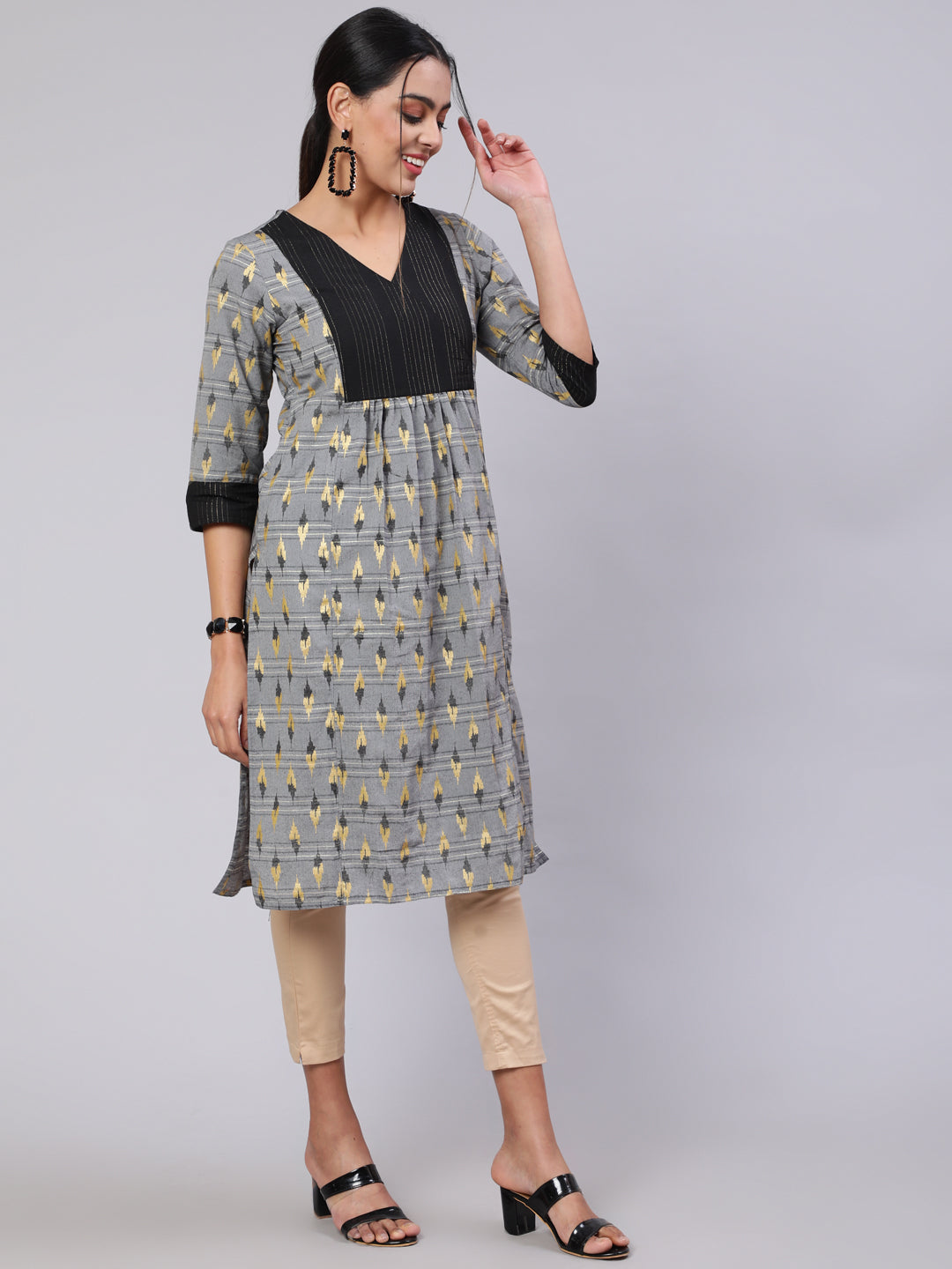Grey Self Weaved Ikat Straight Kurta