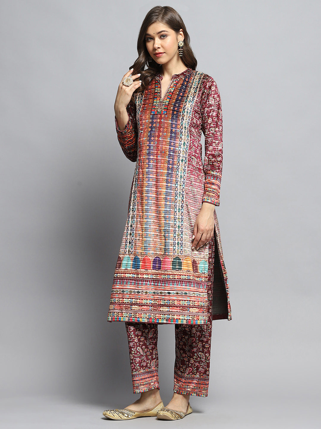 Women Multicolor Self Design Round Neck Full Sleeve Kurti Set With Bag