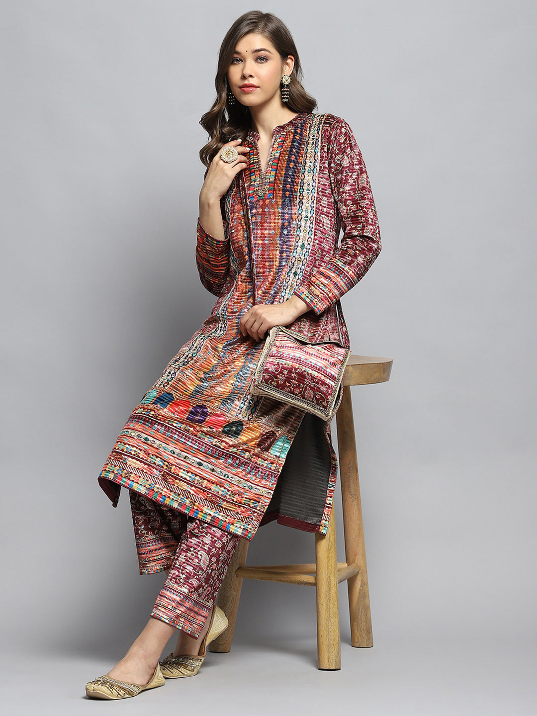 Women Multicolor Self Design Round Neck Full Sleeve Kurti Set With Bag