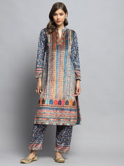 Women Teal Blue Self Design Round Neck Full Sleeve Kurti Set With Bag