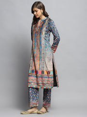 Women Teal Blue Self Design Round Neck Full Sleeve Kurti Set With Bag