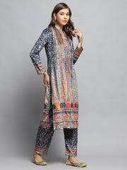 Women Teal Blue Self Design Round Neck Full Sleeve Kurti Set With Bag