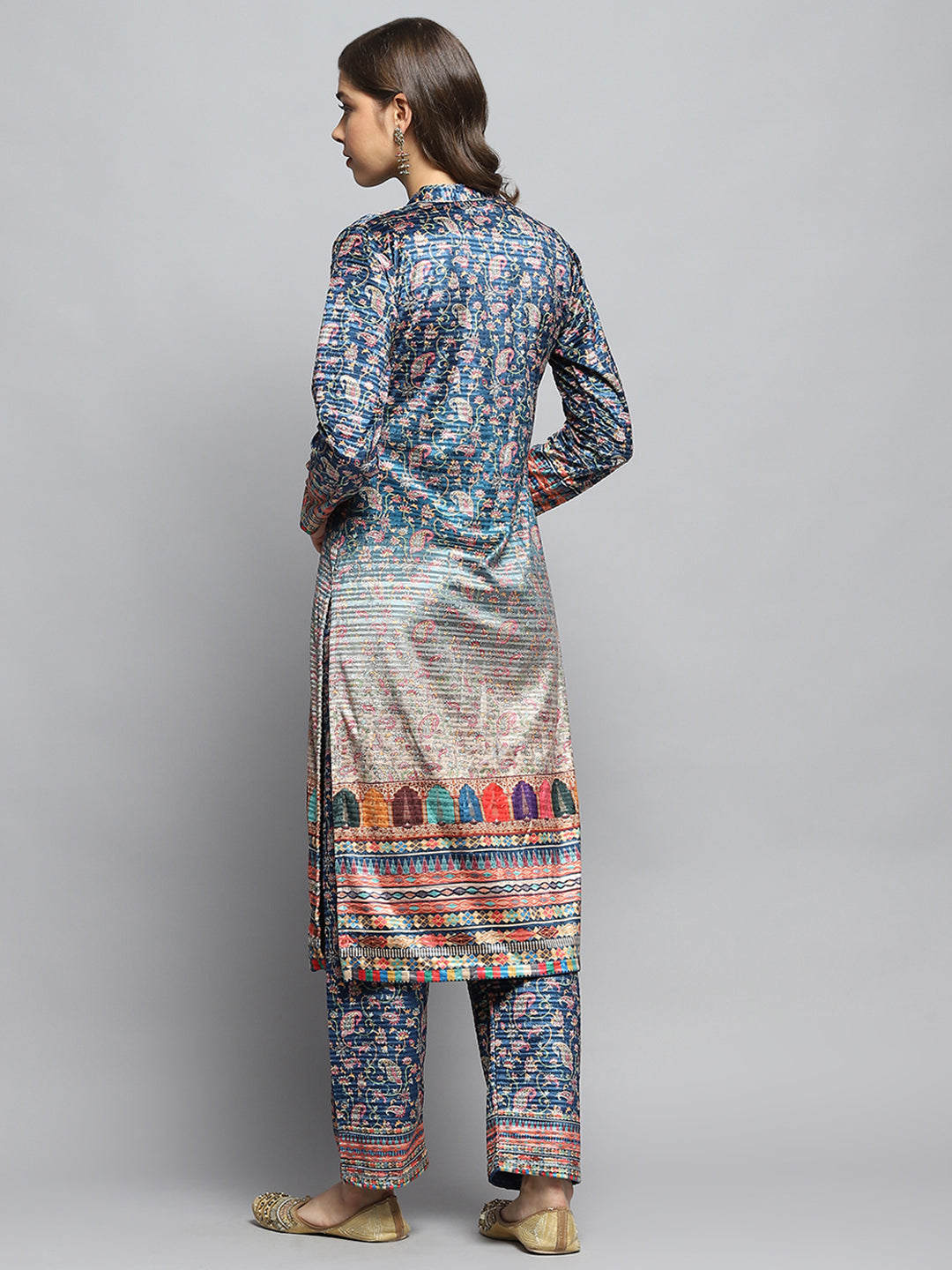 Women Teal Blue Self Design Round Neck Full Sleeve Kurti Set With Bag