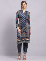 Women Blue Printed Round Neck 3/4Th Sleeve Kurti Set For Winter