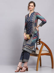 Women Blue Printed Round Neck 3/4Th Sleeve Kurti Set For Winter