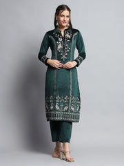 Women Green Self Design Round Neck Full Sleeve Kurti Set For Winter