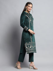 Women Green Self Design Round Neck Full Sleeve Kurti Set For Winter