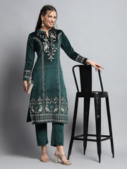 Women Green Self Design Round Neck Full Sleeve Kurti Set For Winter