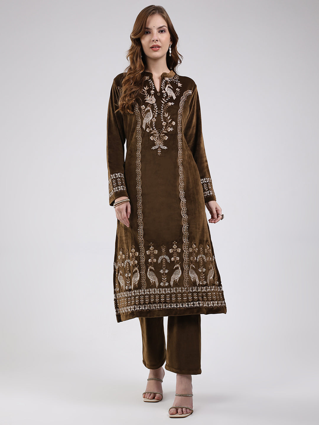 Women Green Printed Round Neck Full Sleeve Kurti Set For Winter