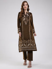 Women Green Printed Round Neck Full Sleeve Kurti Set For Winter
