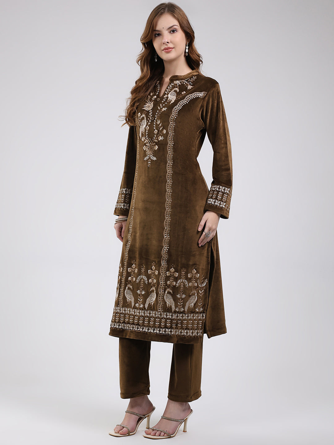 Women Green Printed Round Neck Full Sleeve Kurti Set For Winter