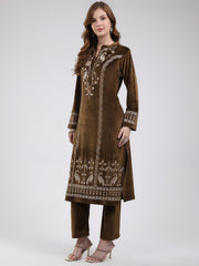 Women Green Printed Round Neck Full Sleeve Kurti Set For Winter