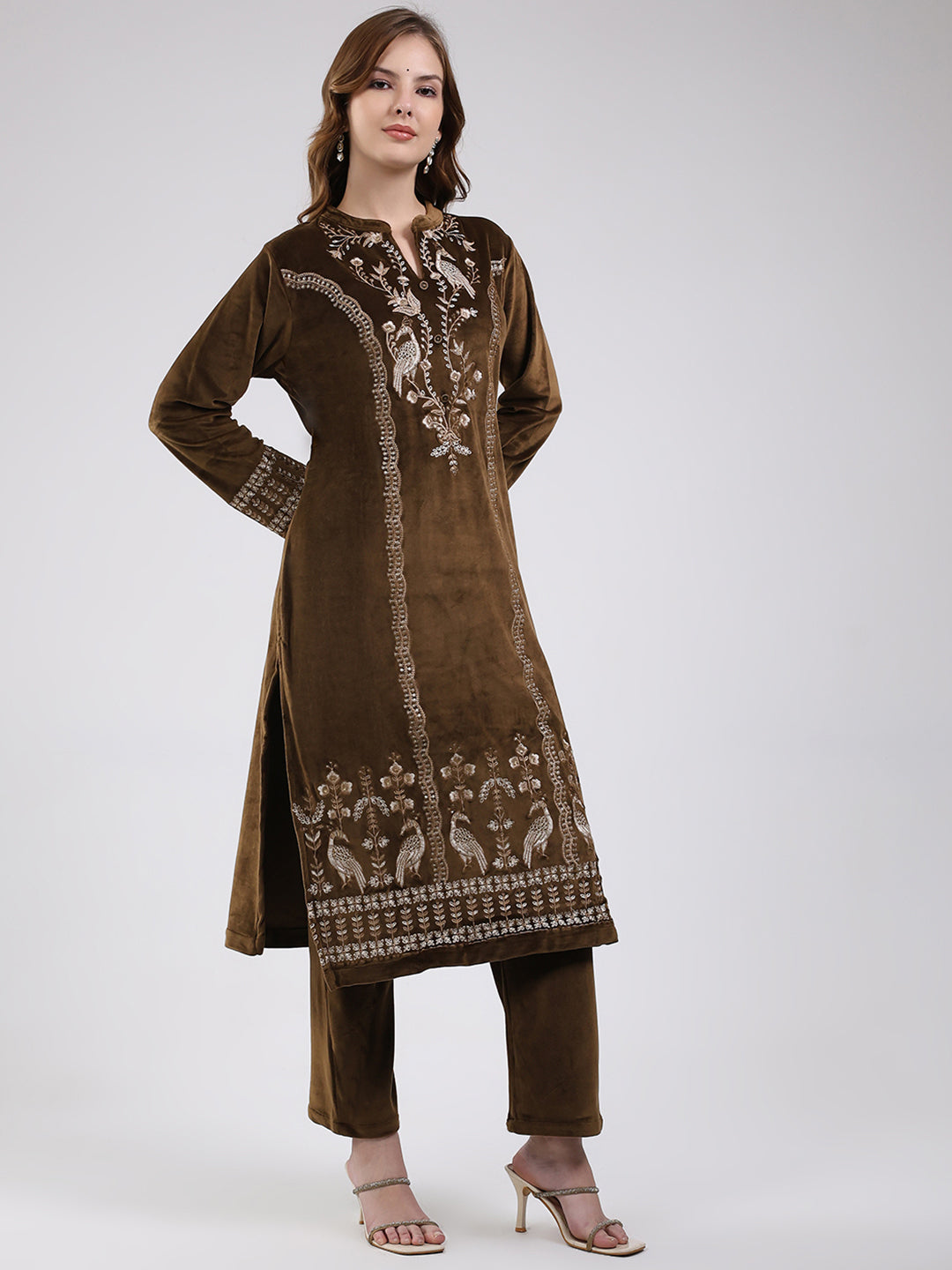 Women Green Printed Round Neck Full Sleeve Kurti Set For Winter