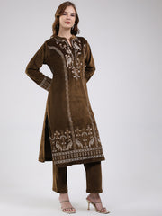 Women Green Printed Round Neck Full Sleeve Kurti Set For Winter