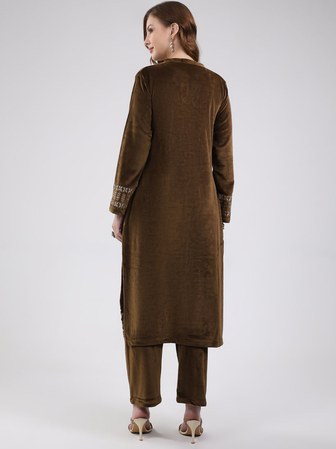 Women Green Printed Round Neck Full Sleeve Kurti Set For Winter
