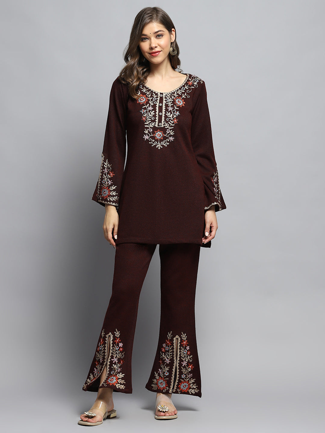 Women Maroon Self Design Round Neck Full Sleeve Kurti Set