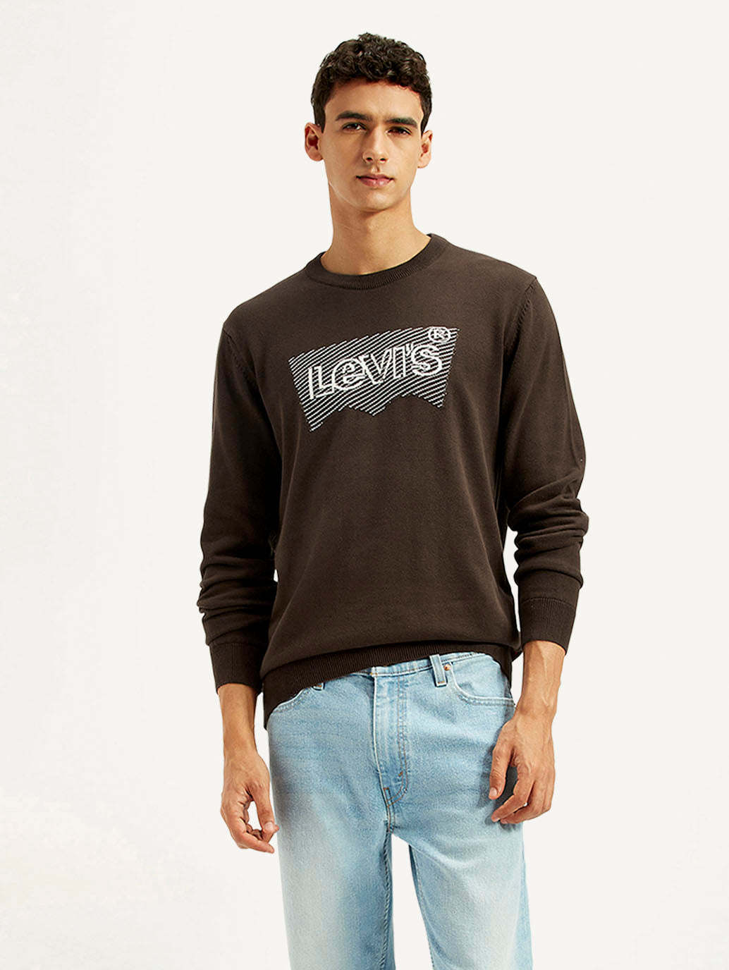 Men'S Graphic Print Brown Round Neck Sweatshirt