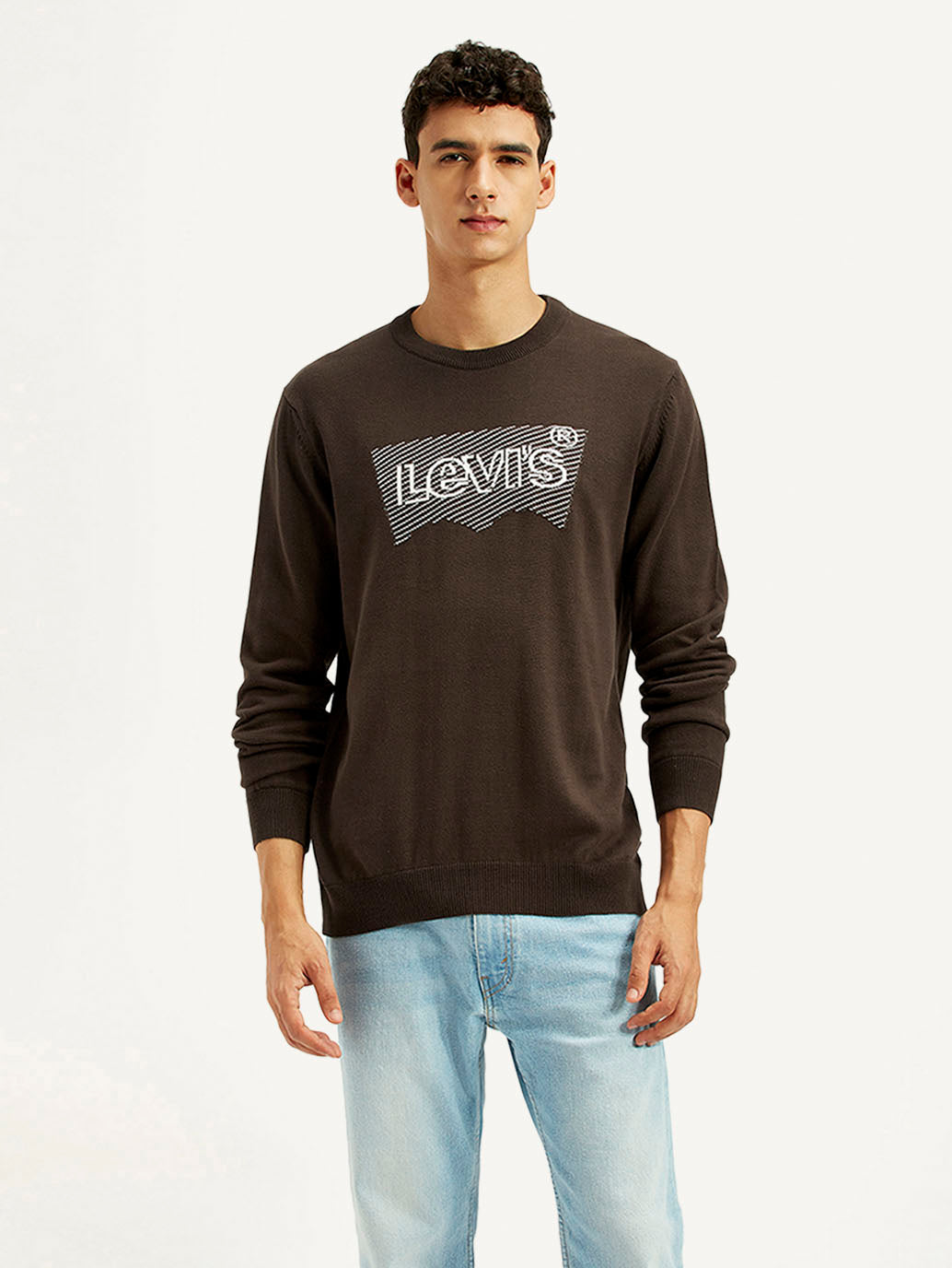 Men'S Graphic Print Brown Round Neck Sweatshirt