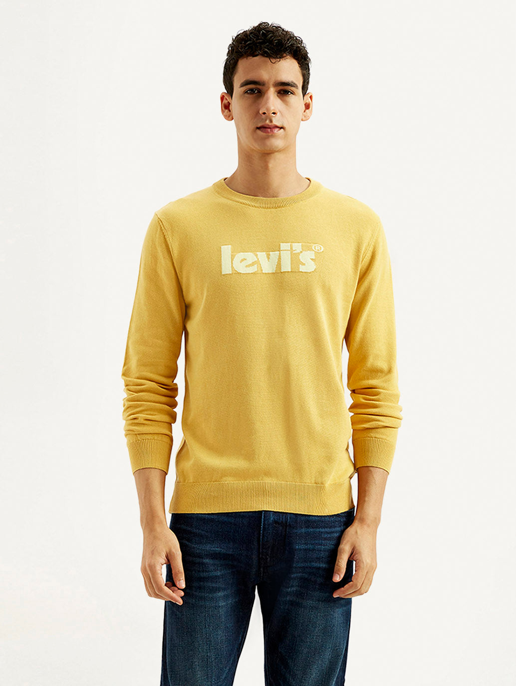 Men'S Brand Logo Yellow Crew Neck Sweater