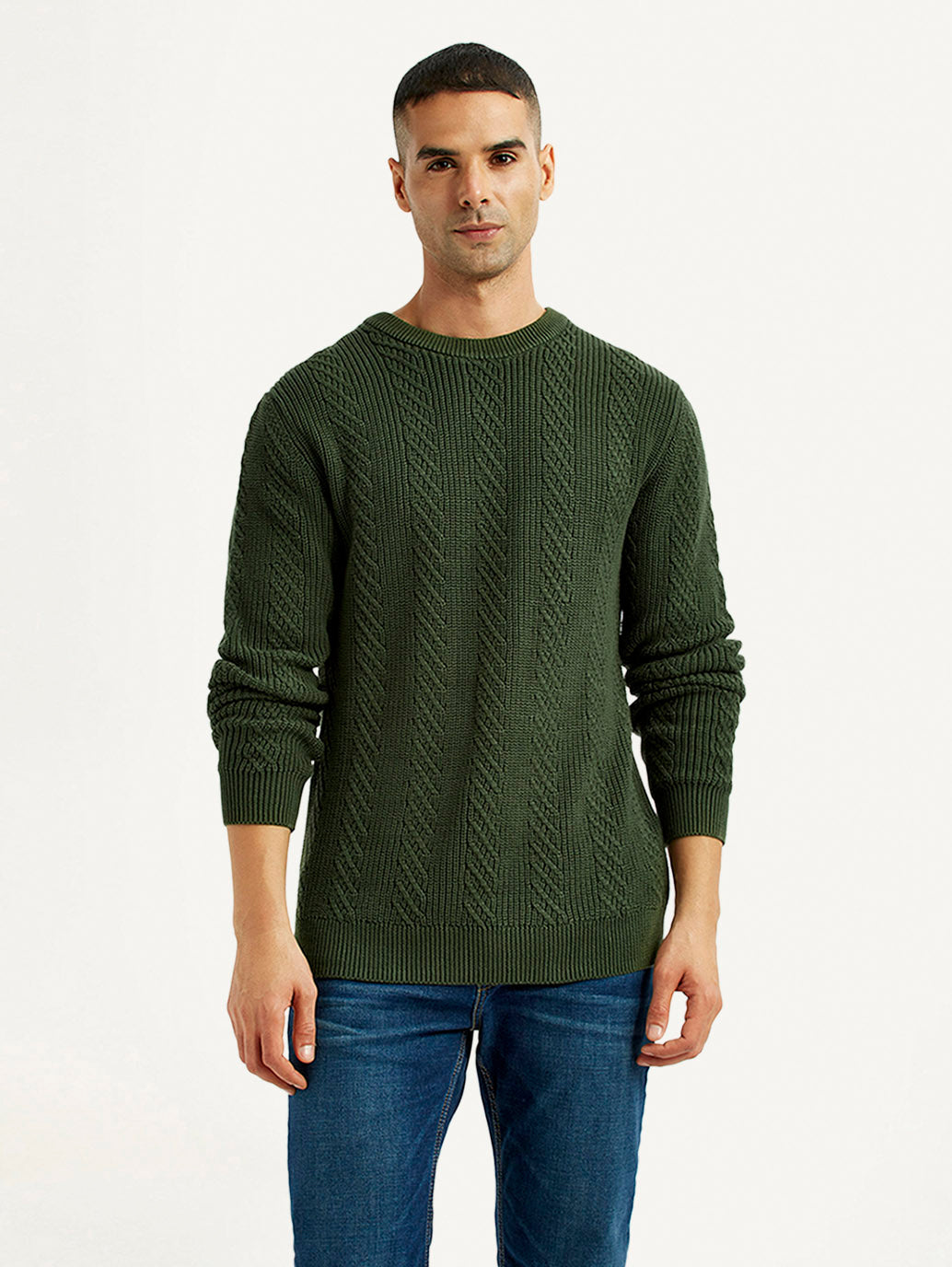 Men's Jacquard Dark Green Crew Neck Sweater