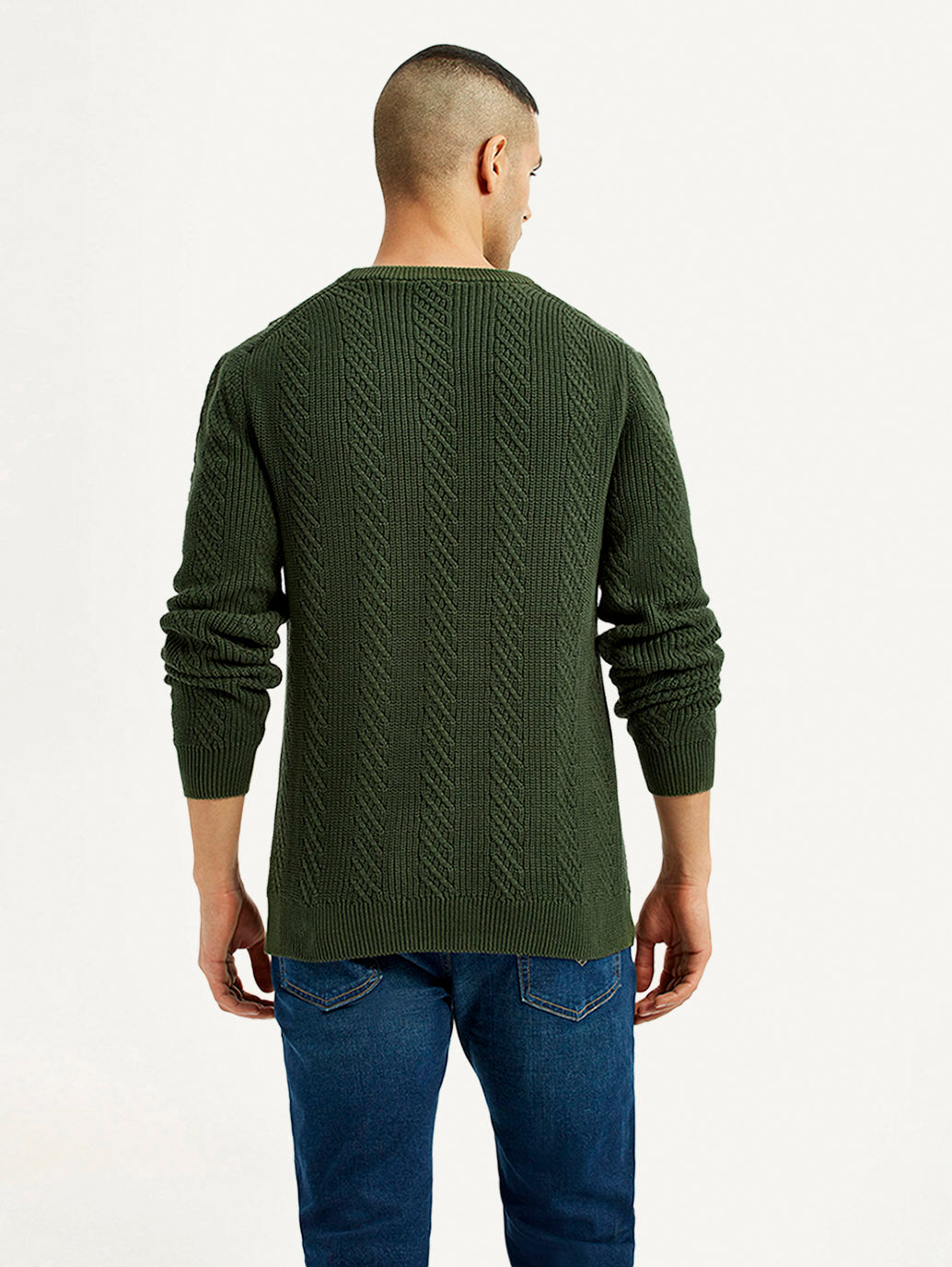 Men's Jacquard Dark Green Crew Neck Sweater