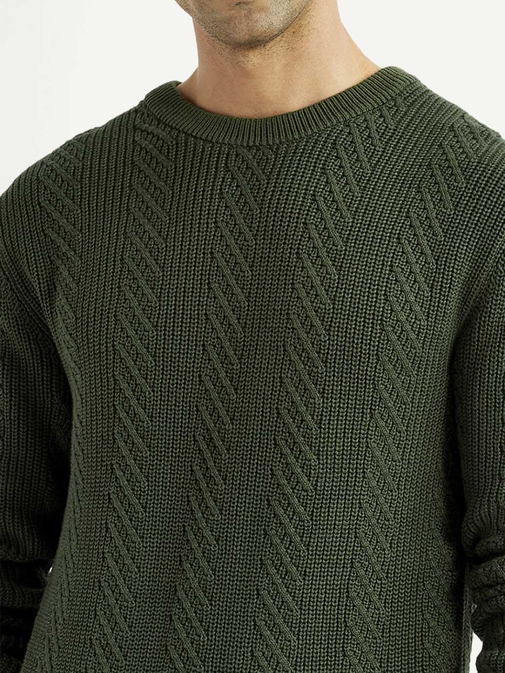 Men's Jacquard Dark Green Crew Neck Sweater