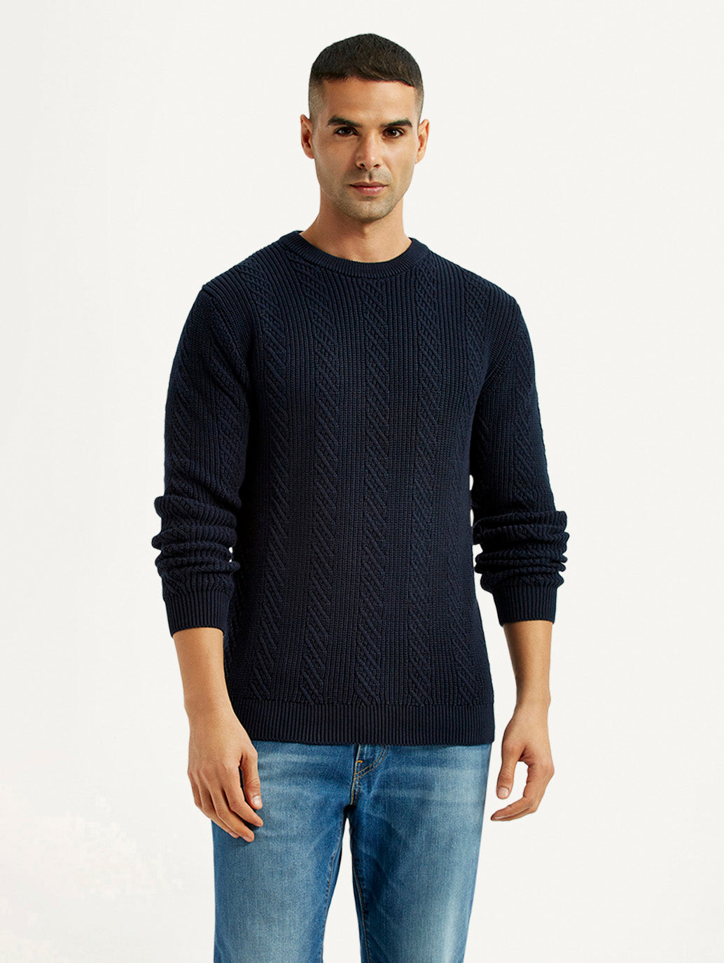 Men'S Jacquard Navy Crew Neck Sweater