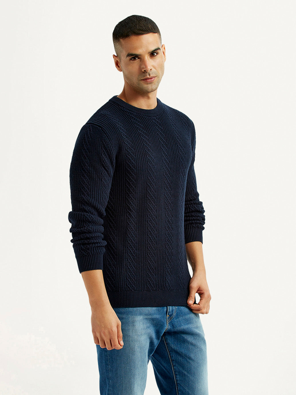 Men's Jacquard Navy Crew Neck Sweater