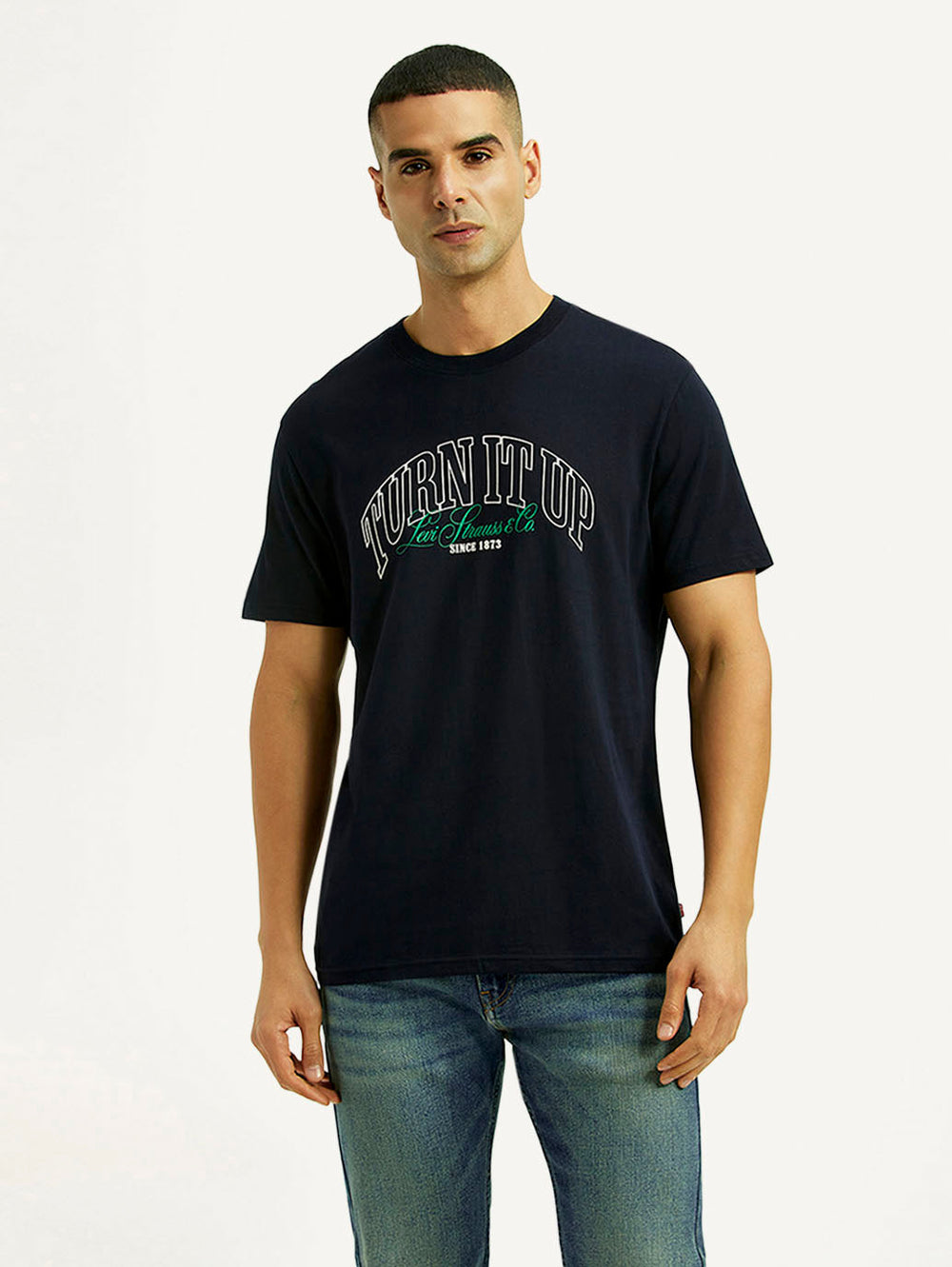 Levis men's navy slim fit T-shirt with bold typographic print, short sleeves, and crew neck style.
