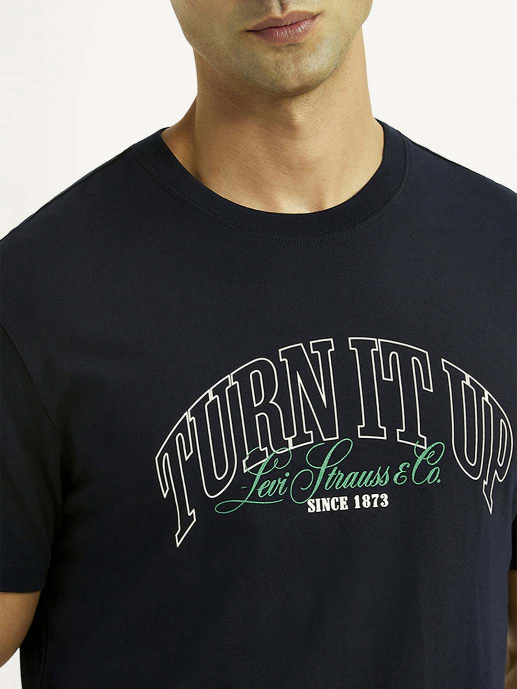 Men's navy slim fit T-shirt with typographic print, Levi's brand, short sleeve, casual upper wear, detailed close-up image.