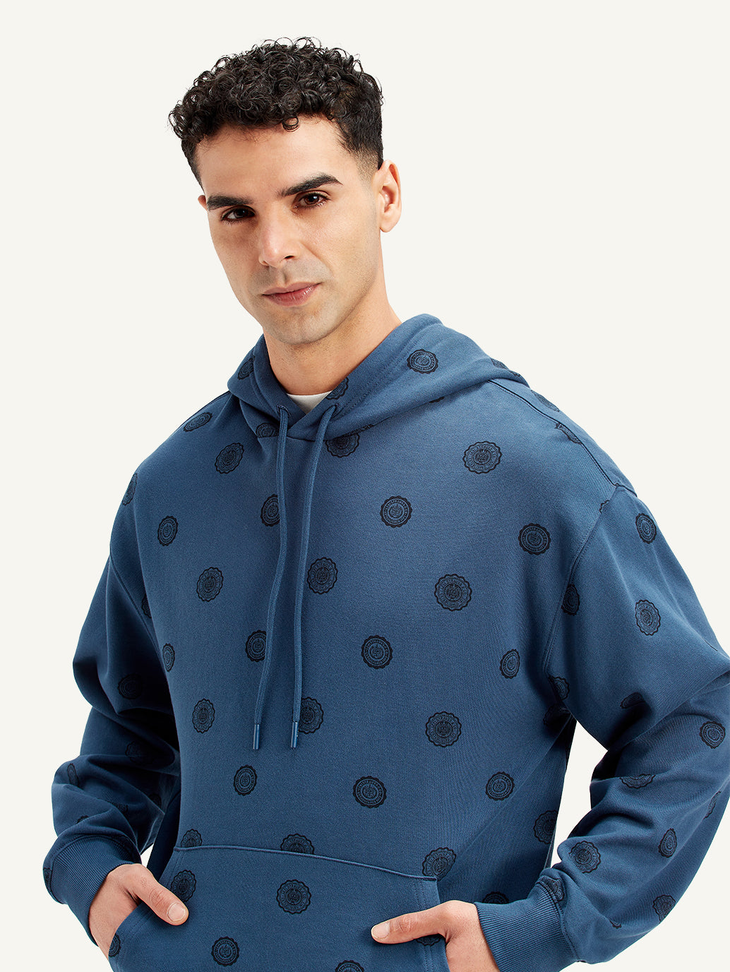 Men'S Printed Navy Hooded Sweatshirt