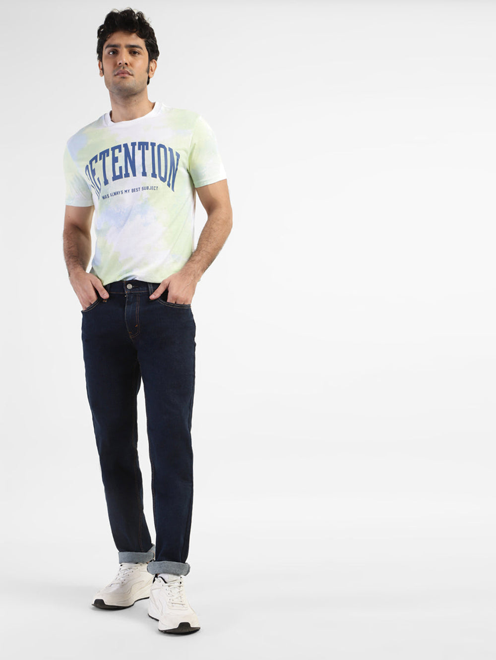 Levi's men's 511 blue slim fit mid-rise jeans, front view showing classic five-pocket design and slim silhouette.