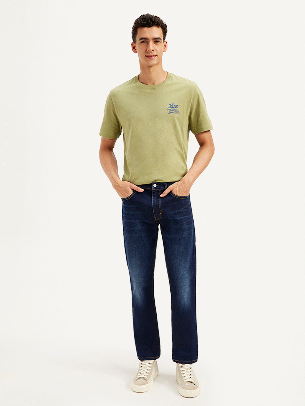 Levi's men's 511 dark blue slim fit mid-rise jeans, front view showing classic five-pocket design and fitted silhouette.