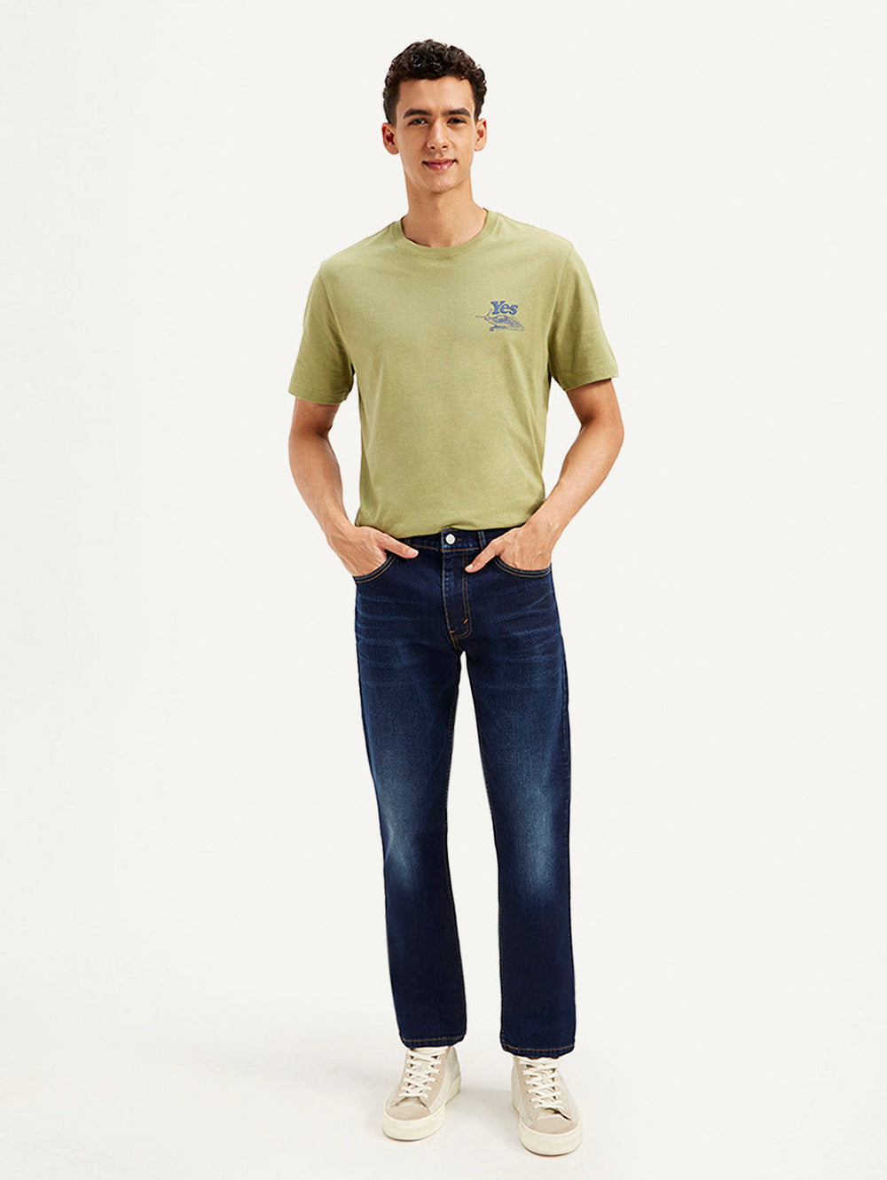 Levi's men's 511 dark blue slim fit mid-rise jeans, front view showing classic five-pocket design and fitted silhouette.