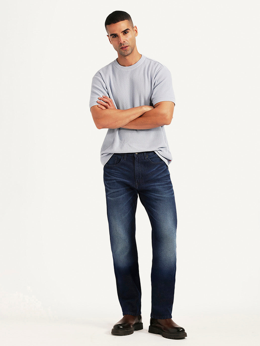 Levi's men's 511 dark blue slim fit hyper stretch jeans, showing a front view with a modern, fitted style.