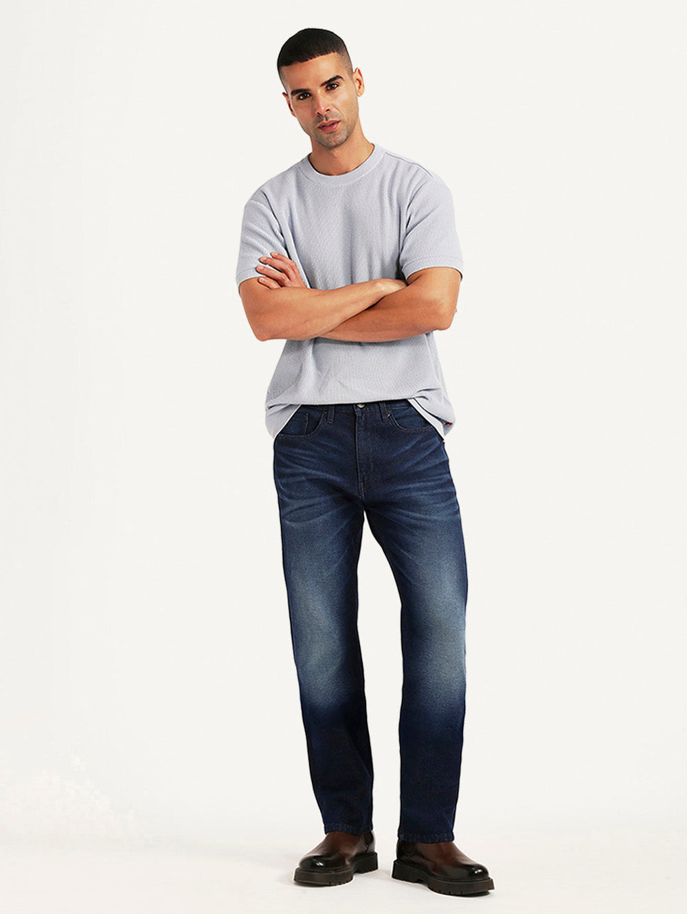 Levi's men's 511 dark blue slim fit hyper stretch jeans, showing a front view with a modern, fitted style.