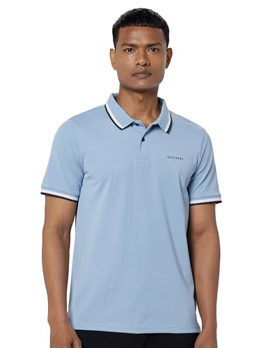 Skechers men's classic tipping blue polo shirt, long-sleeve T-shirt, casual upper wear with a collar and tipping design.