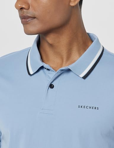 Skechers men's classic tipping blue polo shirt, short sleeve upper T-shirt, casual men's upper wear with subtle design details.