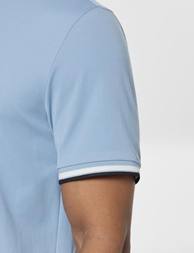 Skechers men's classic blue polo shirt with tipping detail, short sleeves, and a regular fit, displayed on a hanger.