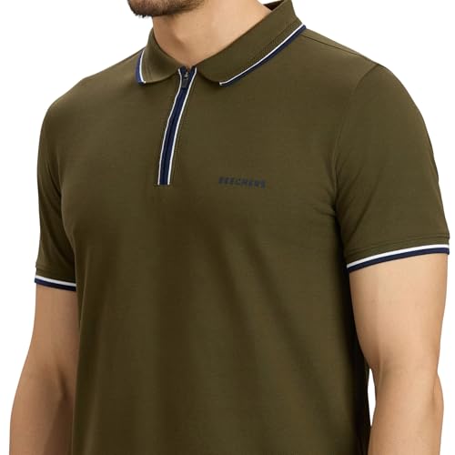 Skechers men's long sleeve polo shirt with multi-tone tipping in blue and gray, casual upper wear for men.