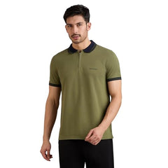 Skechers men's contrast zipper polo shirt with short sleeves and collar, featuring a stylish design and Skechers branding.