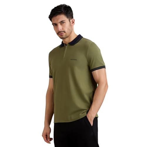 Skechers men's contrast zipper polo shirt with long sleeves and collar, featuring a stylish design and Skechers branding.