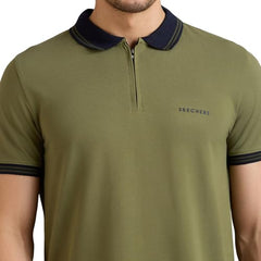Skechers men's contrast zipper polo shirt featuring a collar, short sleeves, and a stylish zipper detail in black and white.